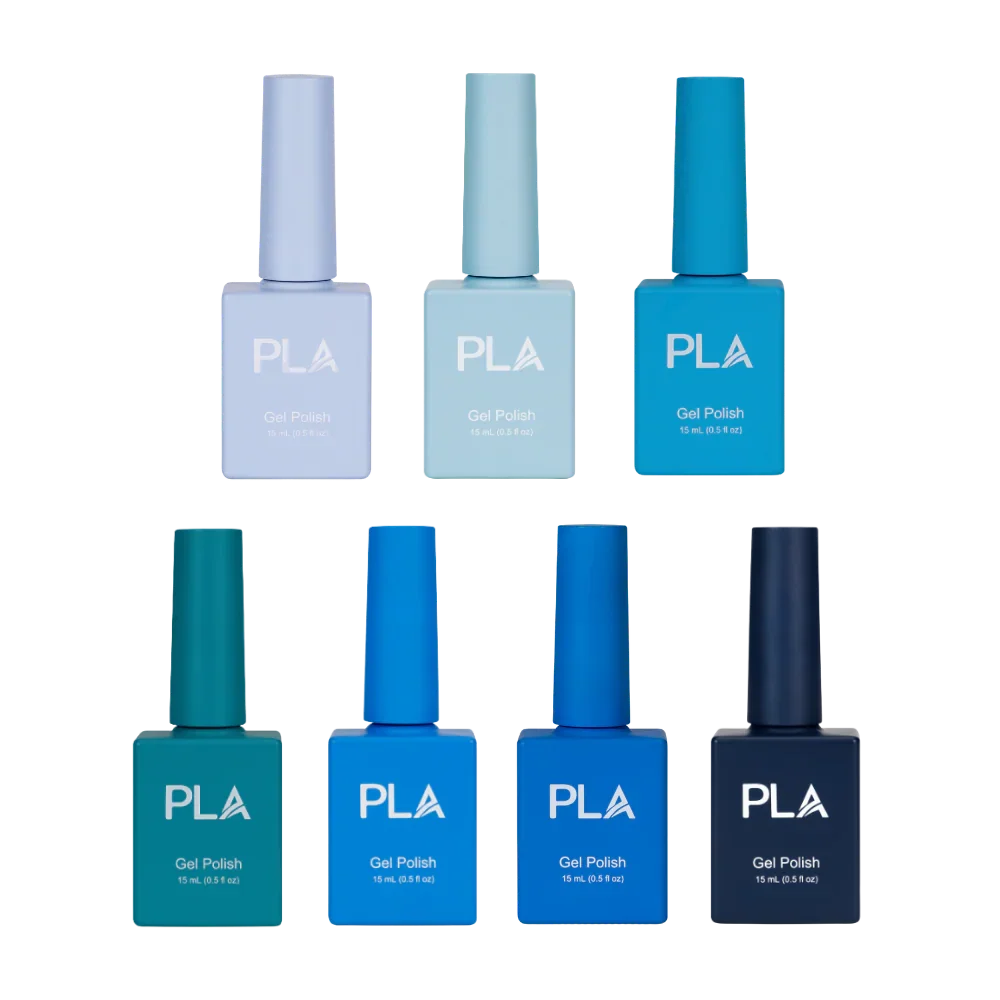 oja semipermanenta albastra - set de 7 oje rezistente, cu formula curata 11-free si uscare rapida in lampa uv