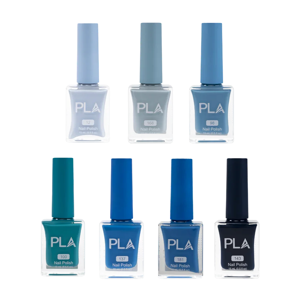 blue mini collection este un set de lac de unghii albastru, cu 7 nuante cu formula curata 11 free, fara formaldehida