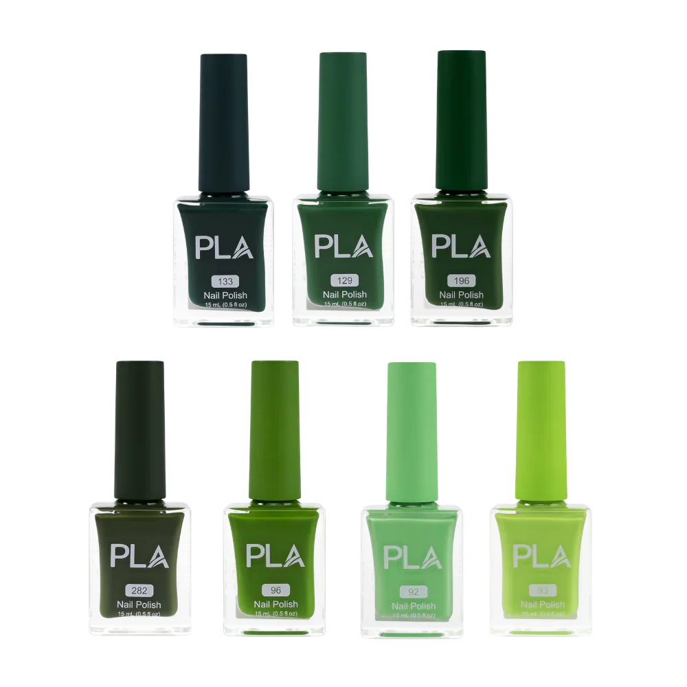 green mini collection, un set de 7 nuante verzi de lacuri de unghii, rezistente si cu formula fara formaldehida 11-free