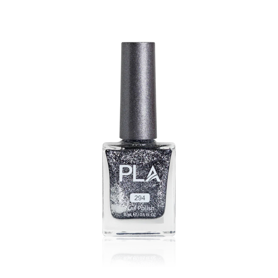 lac de unghii negru cu sclipici argintiu Dark, Not Dull - 294 PLA Nails, formula 11 Free, finish lucios, oja clasica rezistenta, pentru manichiuri si pedichiuri clasice