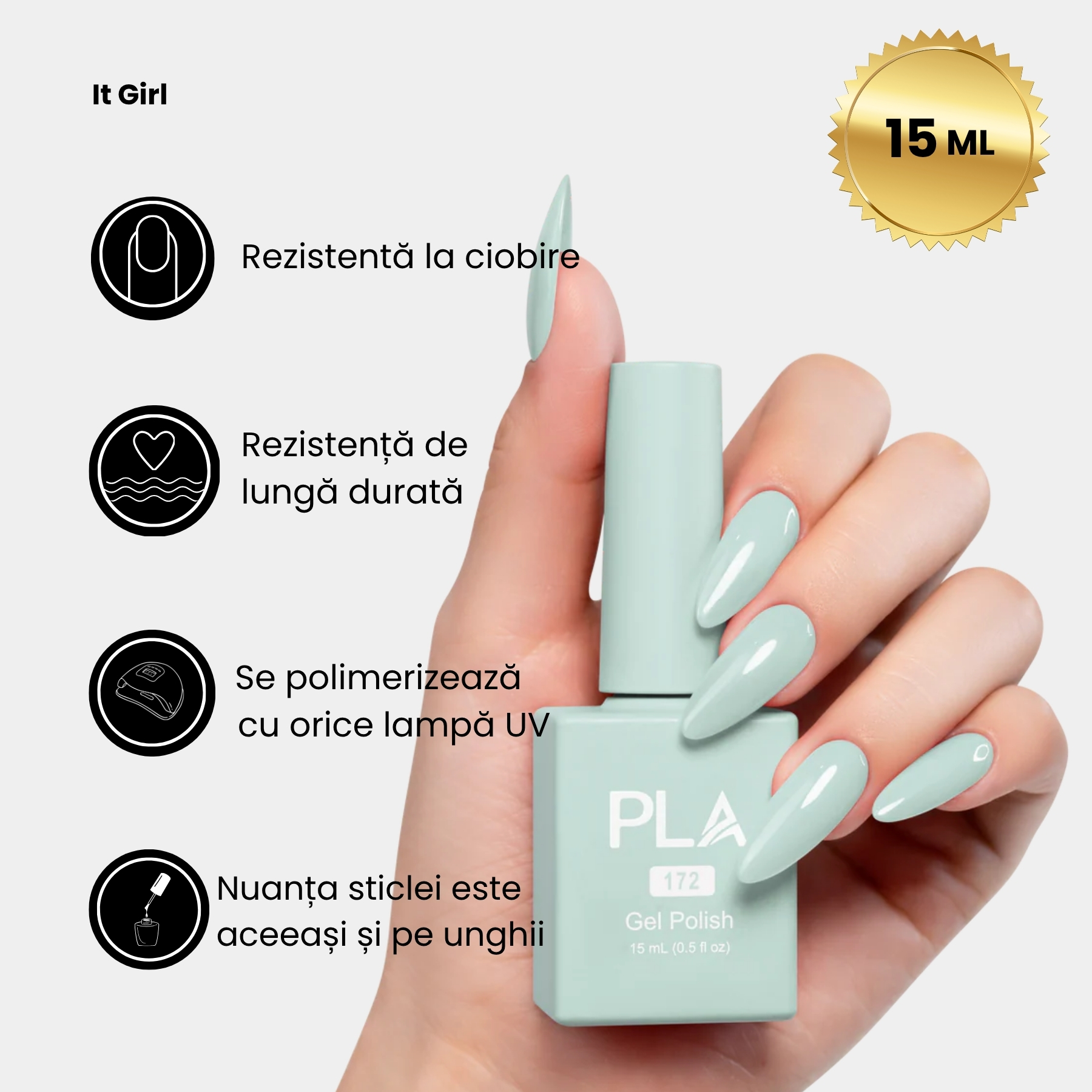Manichiura-albastru-arctic-It-Girl-172-PLA, rezistenta, profesionala, HEMA free, TPO free, pigment puternic, mani, semi, oja, lac de unghii, mov, albastru, albastra, pastel, verde
