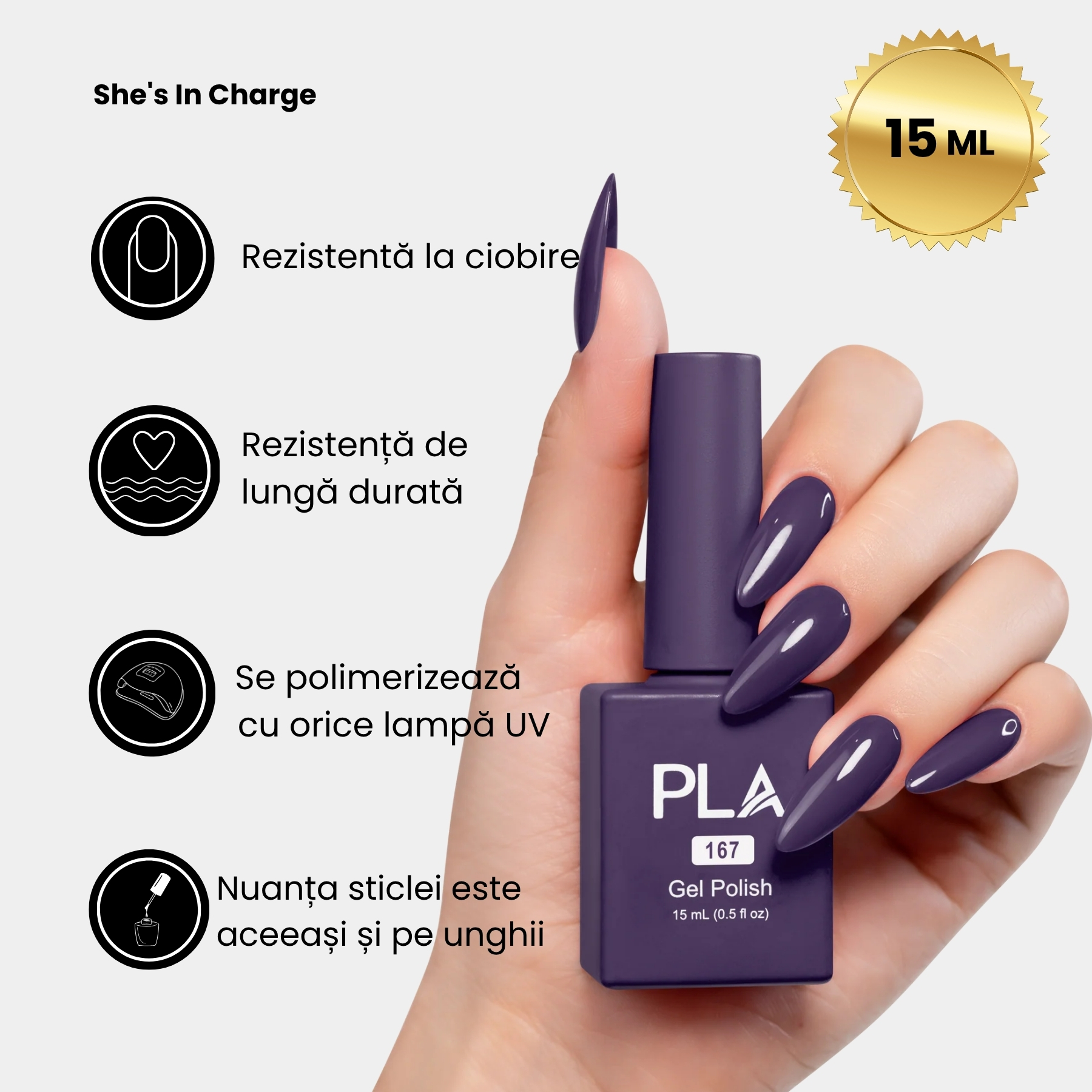 Manichiura-mov-inchis-Shes-In-Charge-167-PLA, rezistenta, profesionala, HEMA free, TPO free, pigment puternic, mani, semi, oja, lac de unghii, mov, lavanda, pastel, inchis