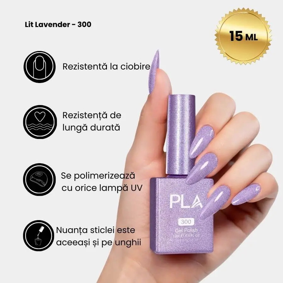 manichiura oja semipermanenta mov sclipici Lit Lavender - 300 rezistenta cu uscare rapida in lampa uv