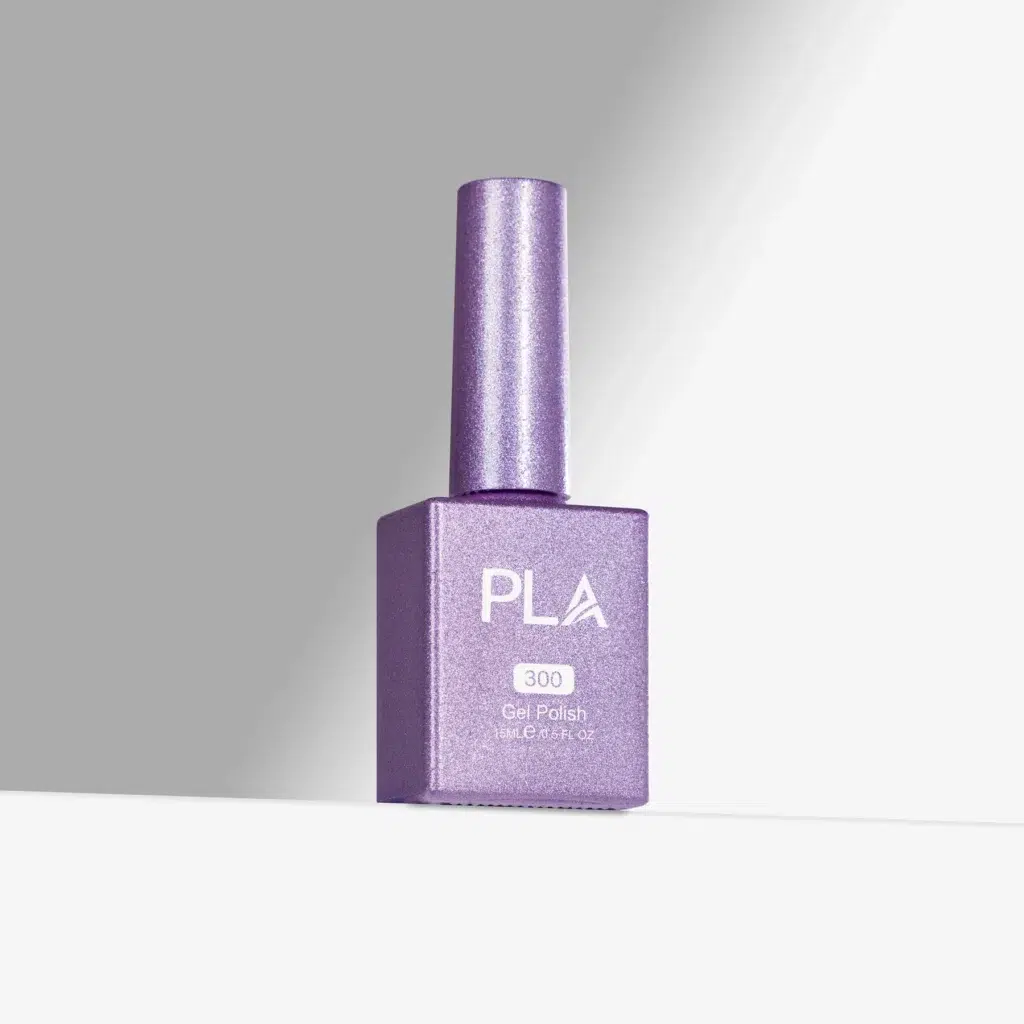 oja semipermanenta mov cu sclipici Lit Lavender - 300 PLA Nails rezistenta, ce se aplica peste baza rubber sau gel cu formula curata